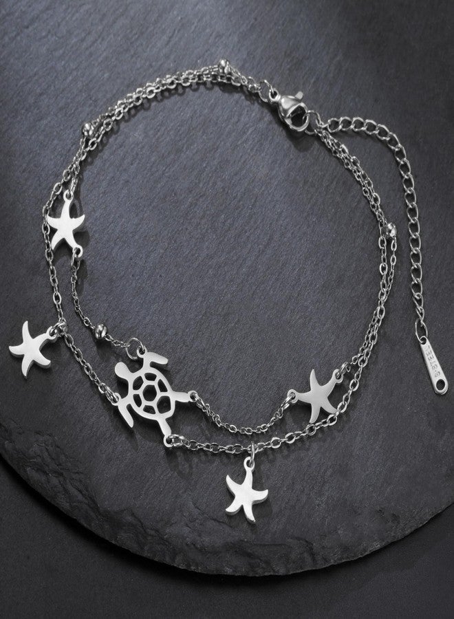 UNIFT Sea Turtle Starfish Bracelet Anklet For Women Stainless Steel Hollow Out Adjustable Layered Summer Beach Nature Ocean Jewelry Gifts (silver) - Image 3